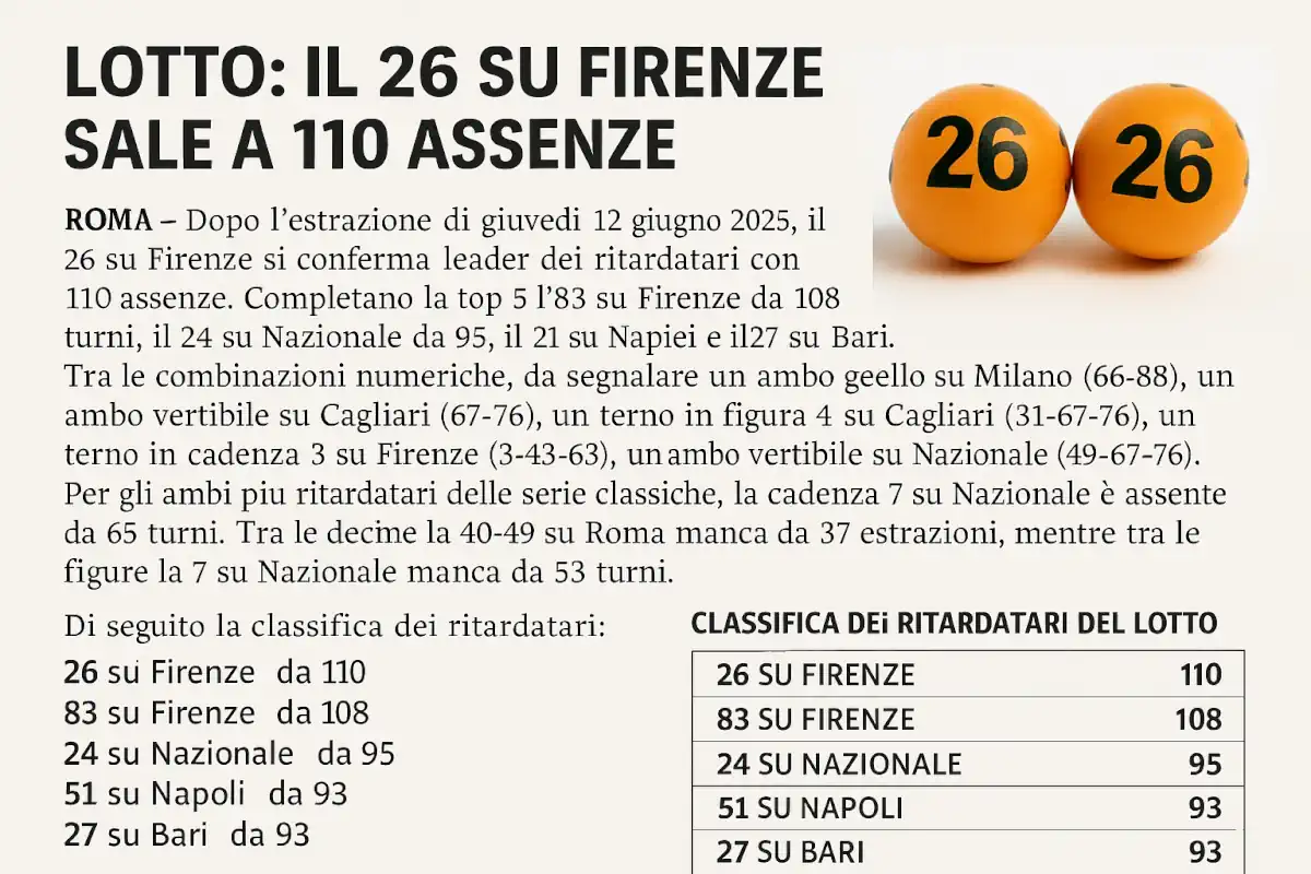 Lotto, il 26 su Firenze vola a 110 turni di assenza 6 Lotto, il 26 su Firenze vola a 110 turni di assenza