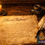 Previsioni Lotto: Antico manoscritto di Mauro Rabano su tavolo di legno con candela e calamaio, simboli di studio lottistico