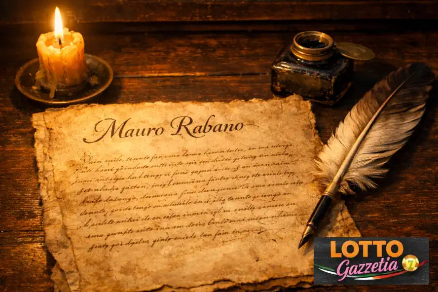 Previsioni Lotto: Antico manoscritto di Mauro Rabano su tavolo di legno con candela e calamaio, simboli di studio lottistico
