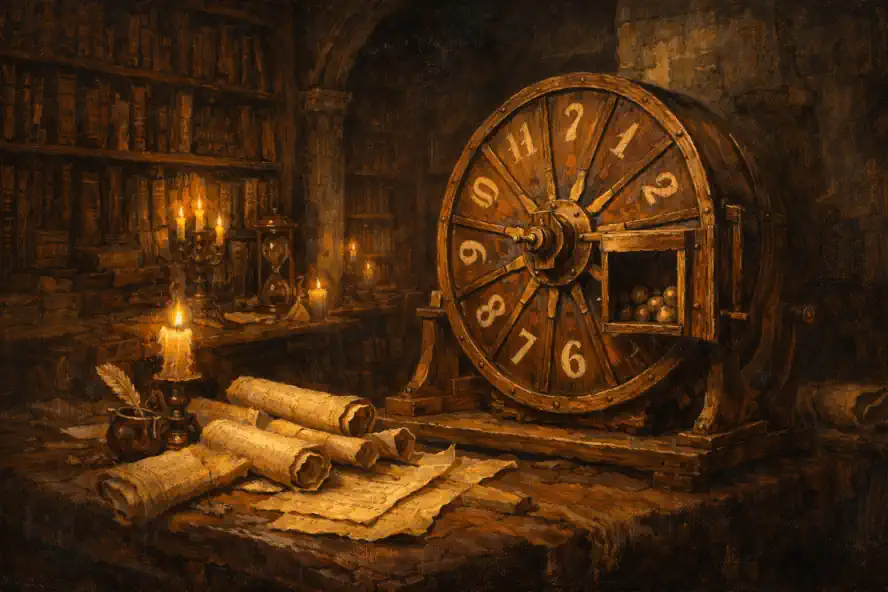 Analisi Estrazione Lotto 13 Gennaio 2026: Segreti Antichi 6 Antica biblioteca con pergamene e ruota del lotto vintage per analisi estrazione Lotto Gazzetta