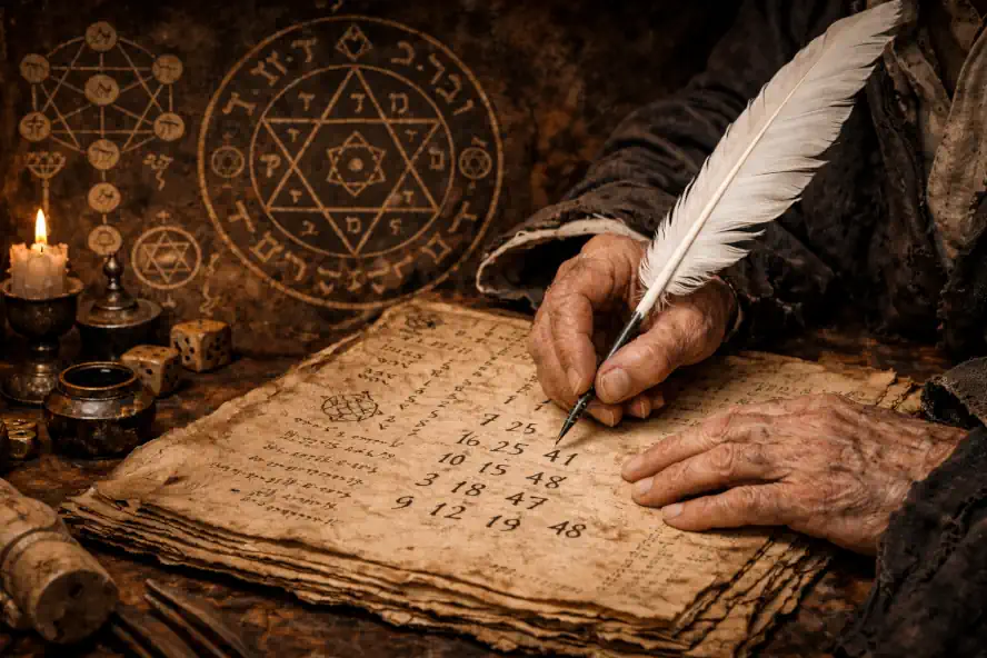 Analisi Estrazione Lotto 13 Gennaio 2026: Segreti Antichi 7 Saggio cabalista che calcola previsioni lotto su manoscritto antico