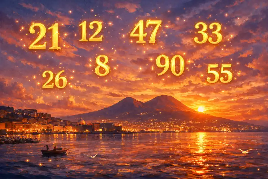 Analisi Estrazione Lotto 13 Gennaio 2026: Segreti Antichi 8 Panorama di Napoli con numeri del lotto dorati nel cielo al tramonto