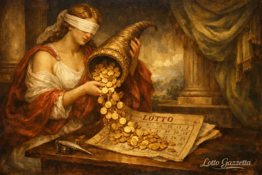 Analisi Estrazione Lotto 13 Gennaio 2026: Segreti Antichi 9 Dea Bendata che porta fortuna nel gioco del lotto illustrazione classica