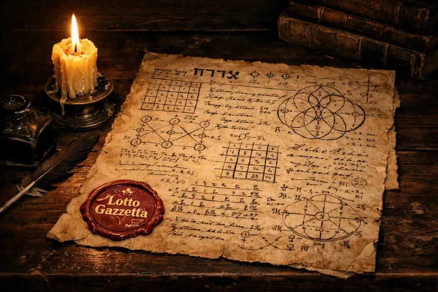 Antico manoscritto di calcoli cabalistici su tavolo di legno con logo Lotto Gazzetta