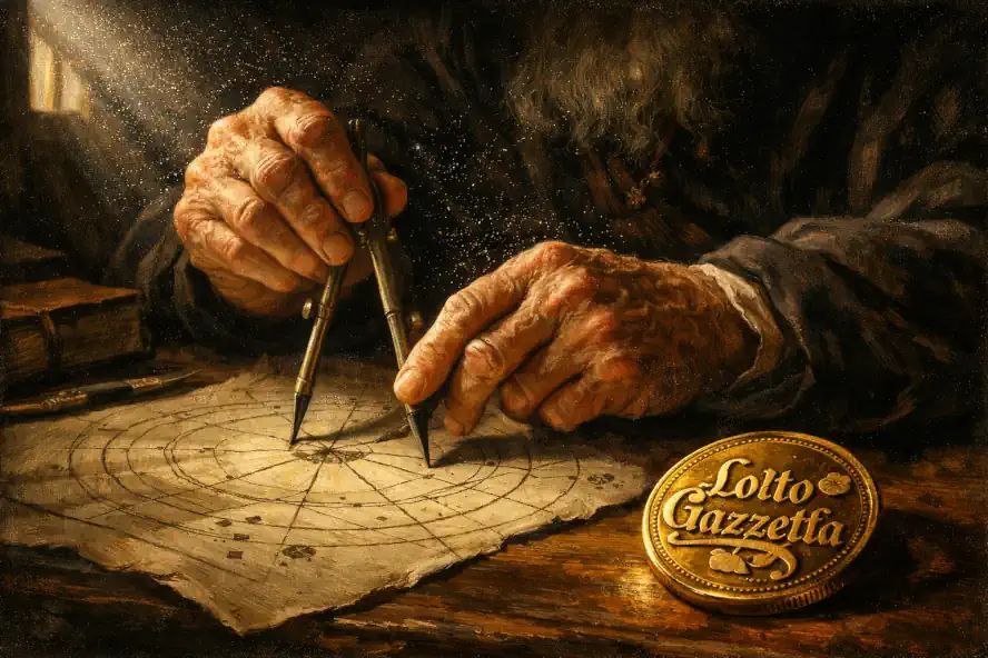 Analisi e Previsioni Lotto Napoli: Il Segreto del Barbarossa: 7 Mani di cabalista al lavoro su mappe stellari con logo Lotto Gazzetta