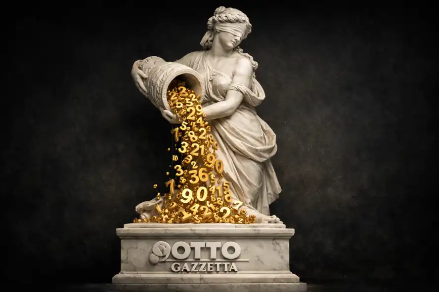 Analisi e Previsioni Lotto Napoli: Il Segreto del Barbarossa: 8 Allegoria della Dea Bendata che versa numeri del lotto con logo Lotto Gazzetta