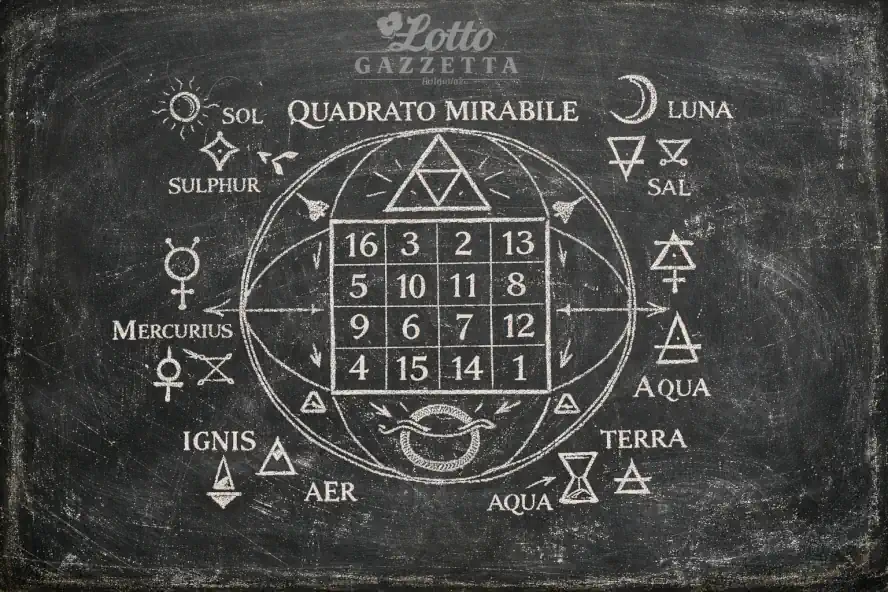 Analisi e Previsioni Lotto Napoli: Il Segreto del Barbarossa: 9 Diagramma esoterico del Quadrato Mirabile su lavagna con logo Lotto Gazzetta