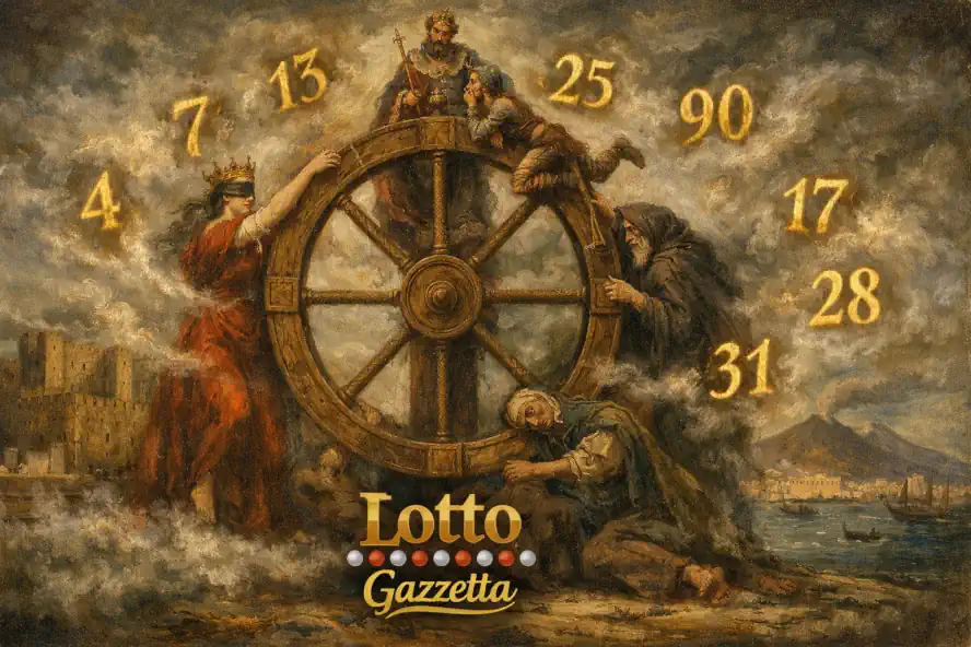 Ruota della fortuna medievale con numeri luminosi e sfondo di Napoli notturna.