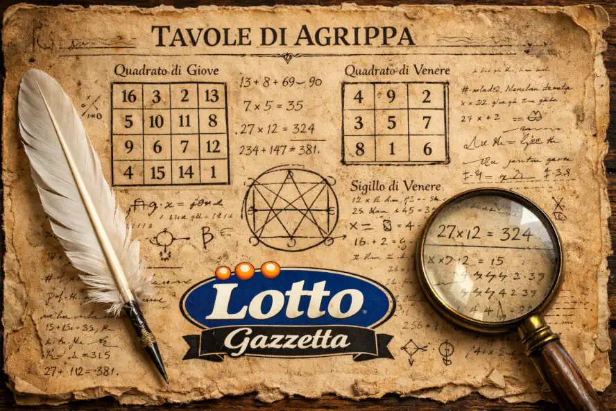 Primo piano di antiche tavole numeriche di Agrippa per il gioco del lotto