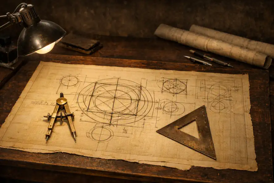 Tavolo da disegno vintage con strumenti di ciclometria e carta millimetrata