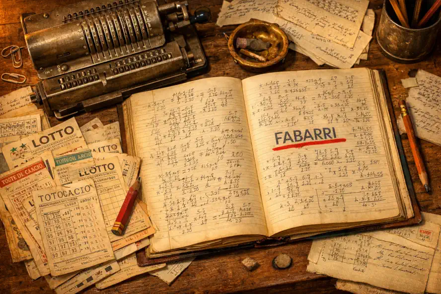 Scrivania dello studioso di lotto con appunti, calcolatrice e riferimenti a Fabarri