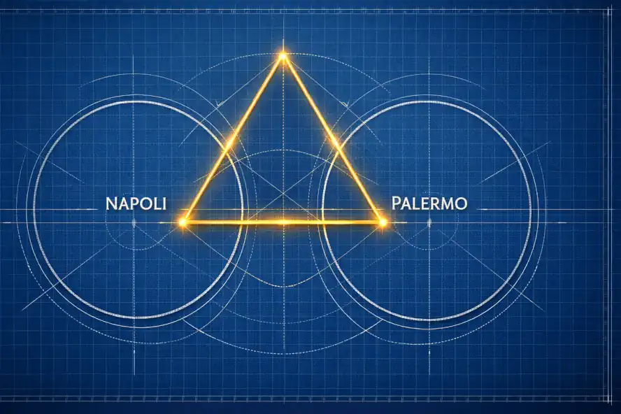 Rappresentazione blueprint del triangolo isoscele di Fabarri tra due ruote