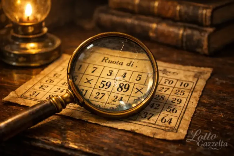 Analisi Lotto 13/01/2026: Lente del Saggio-Isotopia Gemella 7 Analisi Lotto 13/01/2026 dettaglio numeri 59 e 89 con lente d'ingrandimento vintage.