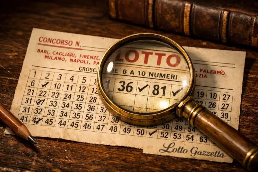 Analisi Lotto 16 gennaio 2026 dettaglio schedina con lente d'ingrandimento sui numeri 36 e 81.