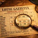 Metodo Lotto Bari Torino: Schedina vintage con lente d'ingrandimento sulle ruote di gioco