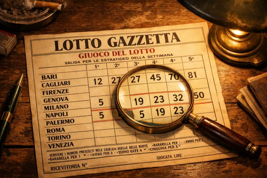 Metodo Lotto Bari Torino: Schedina vintage con lente d'ingrandimento sulle ruote di gioco