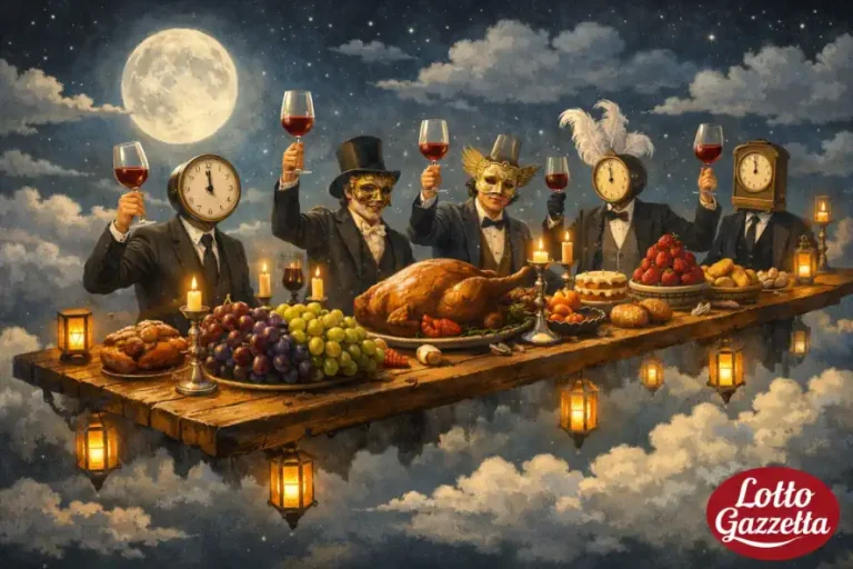 Sognare una Festa Goliardica: Interpretazione e Numeri 7 Sognare una festa goliardica: banchetto surrealista sospeso nel cielo con vino e simboli del lotto