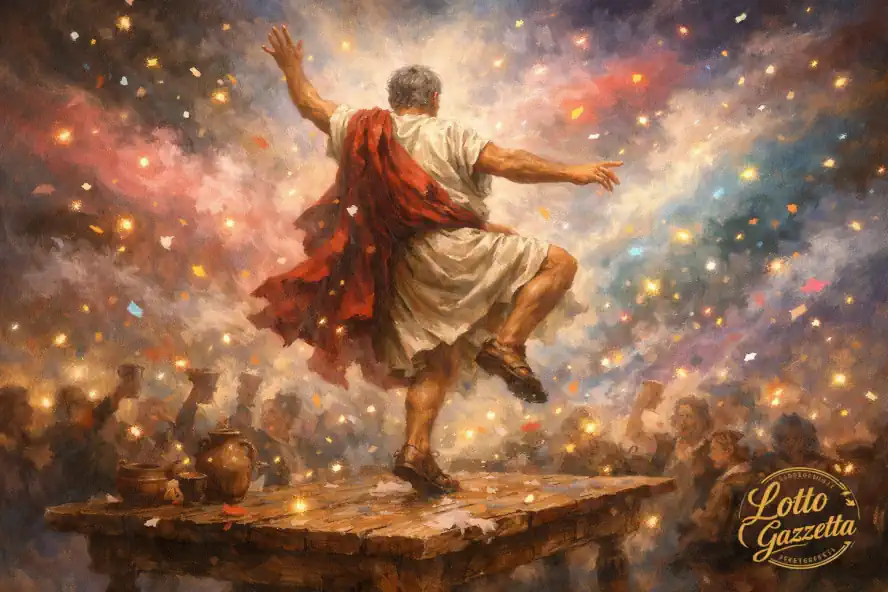 Sognare una Festa Goliardica: Interpretazione e Numeri 7 Sognare una festa goliardica: uomo che balla sul tavolo in un sogno simbolo di libertà.