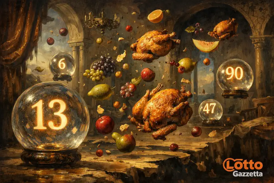 Sognare una Festa Goliardica: Interpretazione e Numeri 8 Sognare una festa goliardica: cibo fluttuante e simboli della smorfia in stile surrealista.