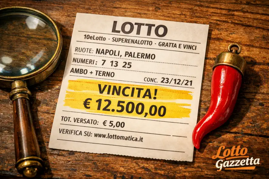 Vincite Lotto e Previsioni: Estrazione del 13 Gennaio 2026 6 Estrazione del 13 Gennaio 2026: Vincite e Previsioni di Gino Pinna - Dettaglio ricevuta Lotto con cornetto portafortuna.
