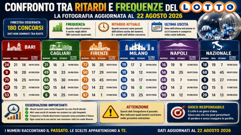 Confronto tra ritardi e frequenze del Lotto: la fotografia dei dati recenti 2 Confronto tra ritardi e frequenze del Lotto: la fotografia dei dati recenti
