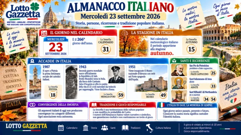 Almanacco italiano, mercoledì 23 settembre 2026: memoria e calendario 1 Almanacco italiano, mercoledì 23 settembre 2026: memoria e calendario