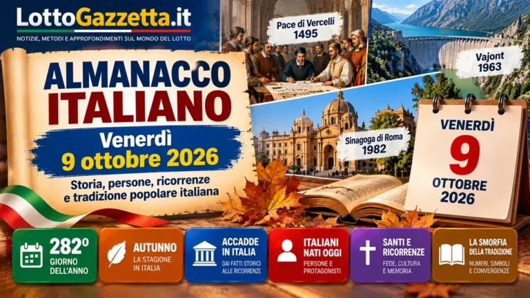 Almanacco italiano, venerdì 9 ottobre 2026: memoria e calendario