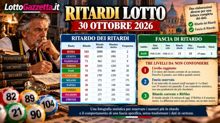 Ritardi Lotto del 30 ottobre 2026: cosa distinguono i due indicatori