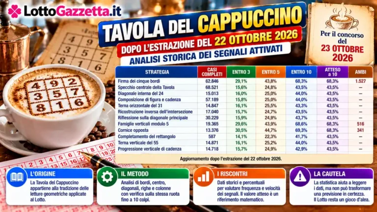 Tavola del Cappuccino: statistiche e previsioni per il concorso del 23 ottobre 2026 46 Tavola del Cappuccino: statistiche e previsioni per il concorso del 23 ottobre 2026