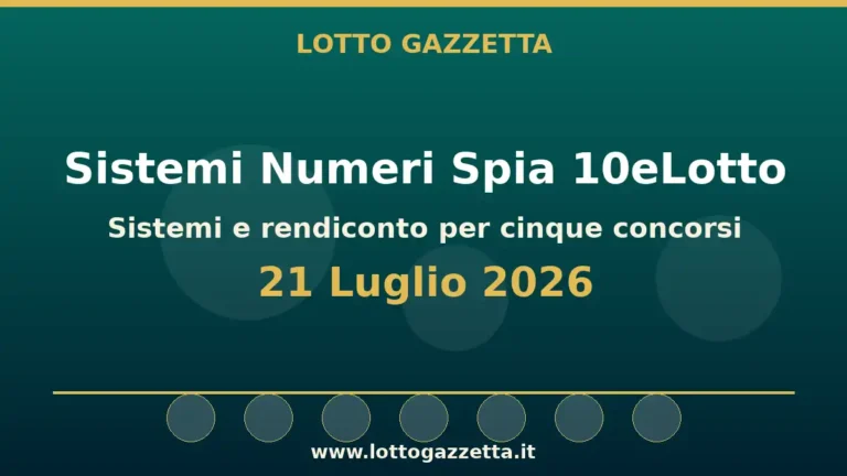 Sistemi Numeri Spia 10eLotto: il 70 guida le convergenze per il 21 Luglio 2026 4 Sistemi Numeri Spia 10eLotto: il 70 guida le convergenze per il 21 Luglio 2026