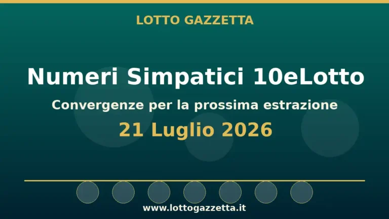 Numeri Simpatici 10eLotto: il 80 in evidenza per il 21 Luglio 2026 5 Numeri Simpatici 10eLotto: il 80 in evidenza per il 21 Luglio 2026