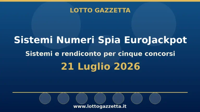 Sistemi Numeri Spia EuroJackpot: il 20 guida le convergenze per il 21 Luglio 2026 3 Sistemi Numeri Spia EuroJackpot: il 20 guida le convergenze per il 21 Luglio 2026