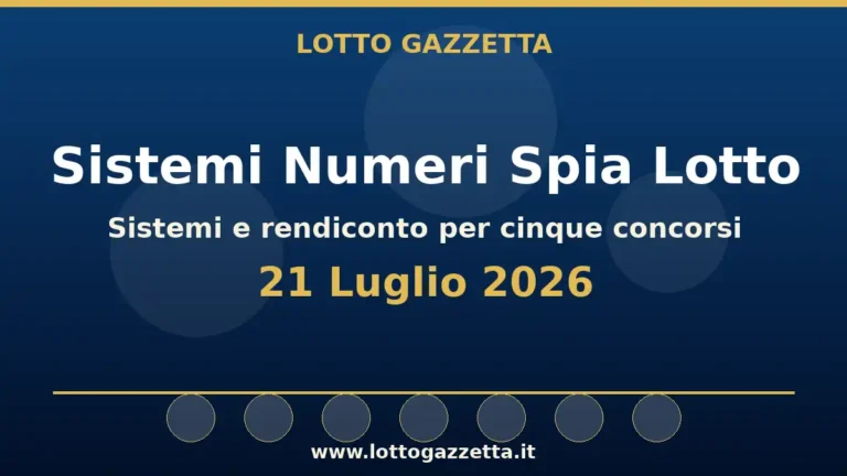 Sistemi Numeri Spia Lotto: il 76 guida le convergenze per il 21 Luglio 2026 4 Sistemi Numeri Spia Lotto: il 76 guida le convergenze per il 21 Luglio 2026