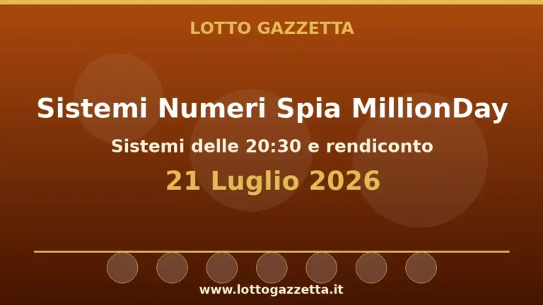 Sistemi Numeri Spia MillionDay: il 54 guida le convergenze per il 21 Luglio 2026 alle 20:30 3 Sistemi Numeri Spia MillionDay: il 54 guida le convergenze per il 21 Luglio 2026 alle 20:30