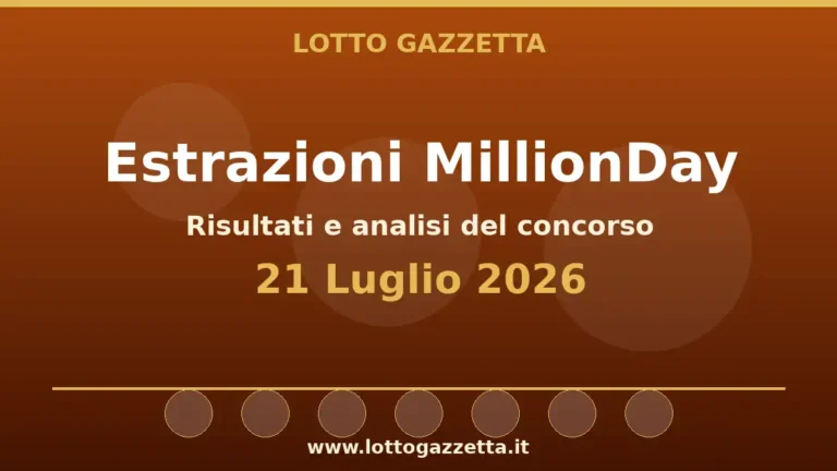 Estrazioni MillionDay del 21 Luglio 2026: risultati delle 13:00 e 20:30 2 Estrazioni MillionDay del 21 Luglio 2026: risultati delle 13:00 e 20:30