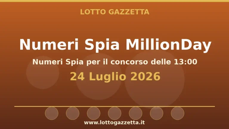 Numeri Spia MillionDay: il 39 ricorre in 4 cinquine per il 24 Luglio 2026 alle 13:00 4 Numeri Spia MillionDay: il 39 ricorre in 4 cinquine per il 24 Luglio 2026 alle 13:00