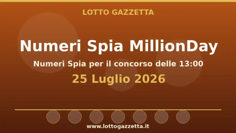 Numeri Spia MillionDay: il 9 ricorre in 4 cinquine per il 25 Luglio 2026 alle 13:00 4 Numeri Spia MillionDay: il 9 ricorre in 4 cinquine per il 25 Luglio 2026 alle 13:00