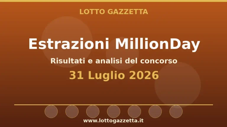 Estrazioni MillionDay del 31 Luglio 2026: risultati delle 13:00 e 20:30 2 Estrazioni MillionDay del 31 Luglio 2026: risultati delle 13:00 e 20:30