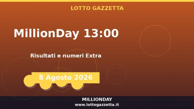 Estrazione MillionDay delle 13:00 del 8 Agosto 2026: risultati e numeri Extra 5 Estrazione MillionDay delle 13:00 del 8 Agosto 2026: risultati e numeri Extra