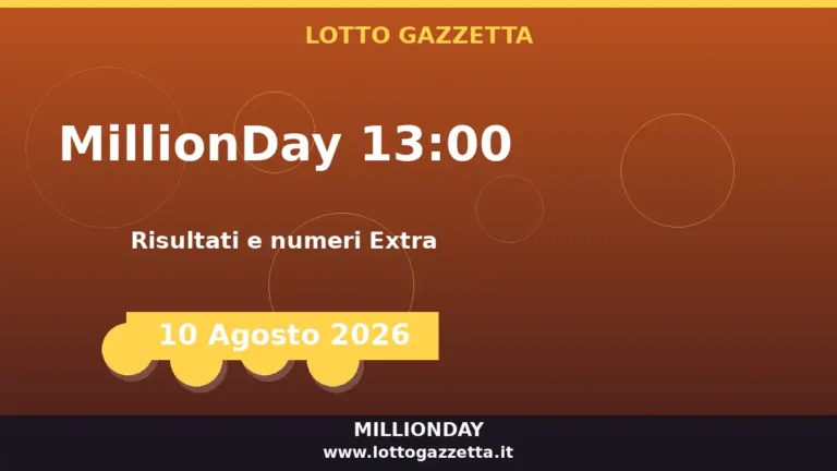 Estrazione MillionDay delle 13:00 del 10 Agosto 2026: risultati e numeri Extra 4 Estrazione MillionDay delle 13:00 del 10 Agosto 2026: risultati e numeri Extra