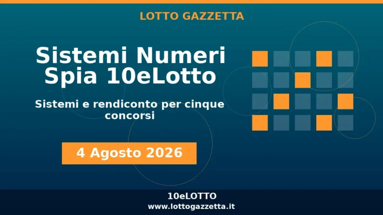 Sistemi Numeri Spia 10eLotto: il 70 guida le convergenze per il 4 Agosto 2026 5 Sistemi Numeri Spia 10eLotto: il 70 guida le convergenze per il 4 Agosto 2026