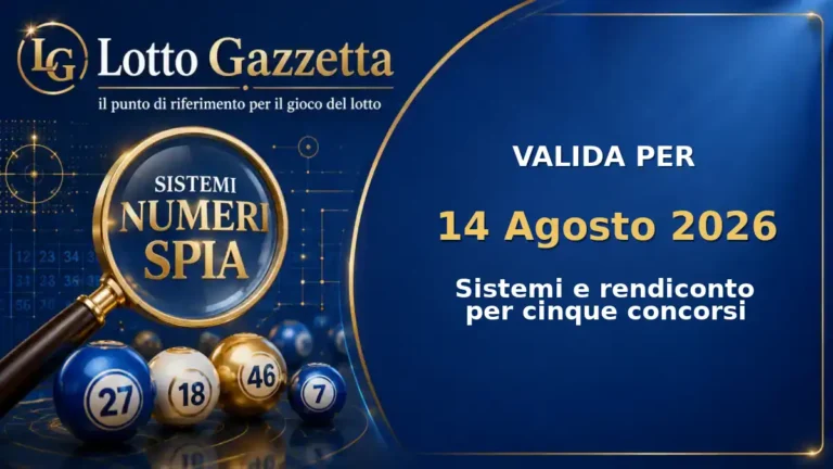 Sistemi Numeri Spia Lotto: il 77 guida le convergenze per il 14 Agosto 2026 6 Sistemi Numeri Spia Lotto del 14 Agosto 2026