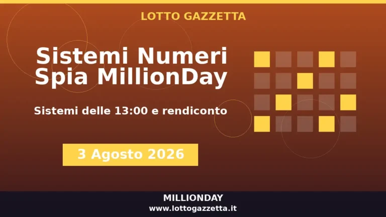 Sistemi Numeri Spia MillionDay: il 39 guida le convergenze per il 3 Agosto 2026 alle 13:00 6 Sistemi Numeri Spia MillionDay: il 39 guida le convergenze per il 3 Agosto 2026 alle 13:00