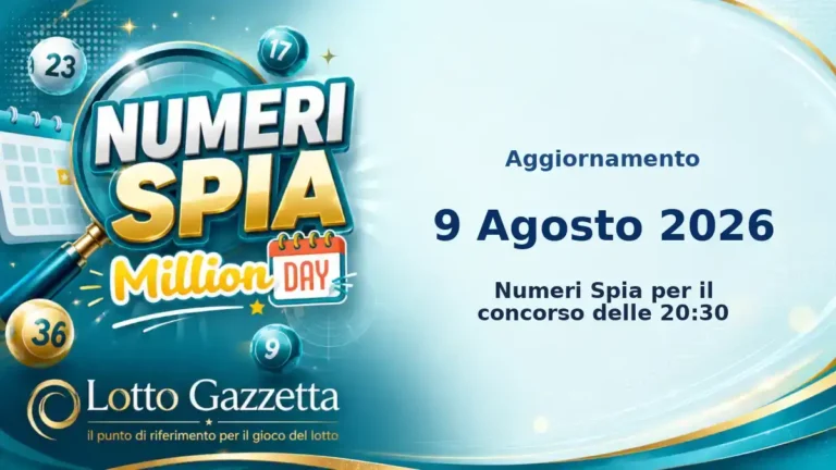 Numeri Spia MillionDay: il 6 ricorre in 3 cinquine per il 9 Agosto 2026 alle 20:30 3 Numeri Spia MillionDay: il 6 ricorre in 3 cinquine per il 9 Agosto 2026 alle 20:30