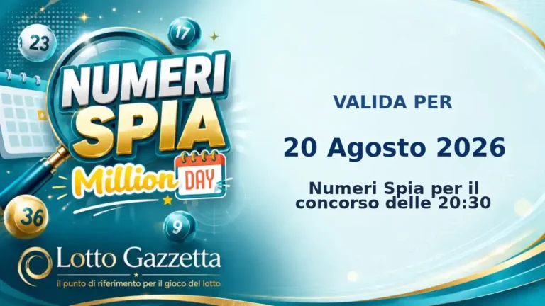 Numeri Spia MillionDay: il 54 ricorre in 4 cinquine per il 20 Agosto 2026 alle 20:30