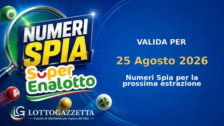 Numeri Spia SuperEnalotto: il 1 ricorre in 3 cinquine per il 25 Agosto 2026 3 Numeri Spia SuperEnalotto: il 1 ricorre in 3 cinquine per il 25 Agosto 2026