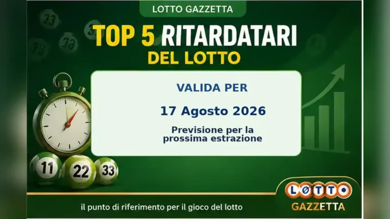 Top 5 ritardatari Lotto dopo l’estrazione del 17 Agosto 2026 2 Top 5 ritardatari Lotto dopo l’estrazione del 17 Agosto 2026